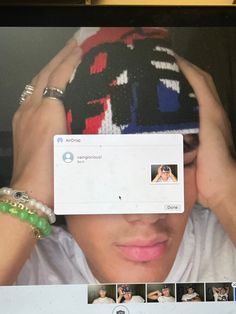 a woman holding her head in front of her face with an instagram sticker on it