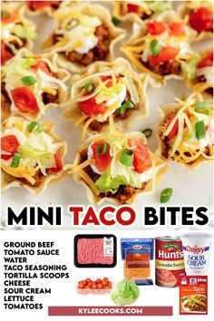 an advertisement for mini taco bites with various toppings and ingredients on the side