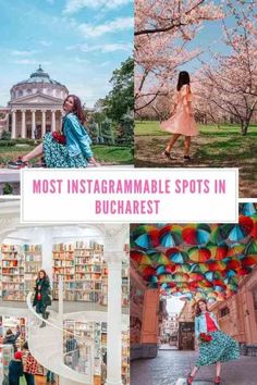 the most instagrammable spots in buchharest, with images of people and bookshelves