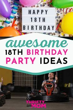 a birthday party flyer with balloons and confetti