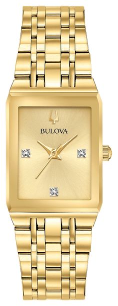 Bulova watch 97p156 model
Presentation of a new style of chariot. Golden stainless steel case with metallic mineral crystal faceted edge by edge and golden crown. Champagne dial with three diamonds set on the dial. Caliber: GL36





Gender :

Women


Metal :
Stainless steel


Color :
Yellow


Rock :
Diamond


Box diameter:
32 mm


Water seal:
30 m




 
Bulova warranty
Your Bulova watch is covered by our global 3 -year warranty