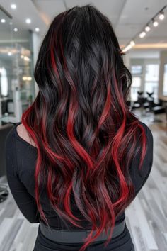 Blend Grey Hair, Red Highlights On Black Hair, Halloween Hairstyles For Women, Hairstyles For Women Black, Straight Up Hairstyles, Black Hair Hairstyles, Black Hair Bun, Black Red Hair