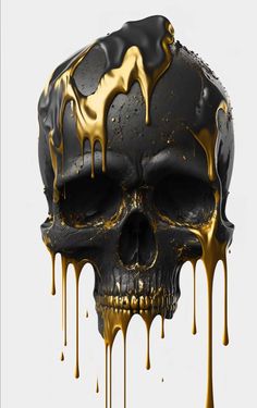 a black and gold skull with dripping paint