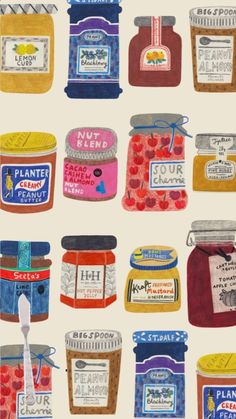 a painting of many different types of jams on a white background with blue and red tags