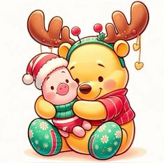 winnie the pooh and piglet hugging each other with christmas decorations on their head