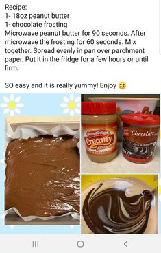 the recipe for chocolate frosting is shown in three different pictures