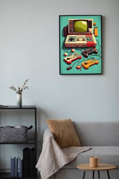 a living room with a couch, coffee table and television on the wall above it