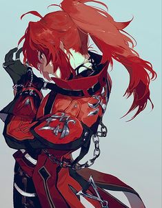 an anime character with red hair and chains on her chest, wearing a red outfit