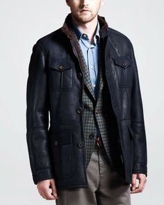 BRAND:  Brunello Cucinelli SIZE:  Marked as S (see measurements below) COLOR:  Navy Blue MATERIAL:  Outer: 100% Leather  Lining: Spanish Dyed Lamb Fur  ORIGINAL PRICE:  $6,495 FEATURES: - stay warm in this timeless and rare Brunello Cucinelli parka coat - stylish English style waxed leather/suede with a nice finish and detail - beautiful navy blue color - lined with smooth soft dyed lamb fur - stand up collar - two way front zip closure with additional four button closure - two hand pockets and Luxury Fitted Leather Jacket For Men, Luxury Stand Collar Tops For Men, Navy Groomsmen, Groomsmen Looks, Jacket Lining, Fur Parka, English Style, Parka Coat, Navy Blue Color