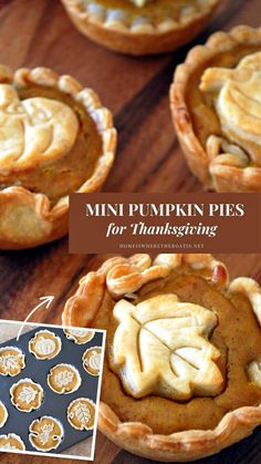 mini pumpkin pies for thanksgiving on a wooden table with the title overlaying