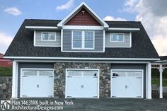 two garages are shown in front of a house with stone and shingles on the roof