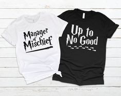 Our Manager of Mischief and Up to No Good designs are perfect for your couples Universal vacation. HP fans will love our parody of the well-known quote. These matching HP shirts work well as an anniversary gift or to wear any time year round. Our matching couples shirts are made-to-order using direct printing. We don't use vinyl transfer or heat transfer as those methods tend to wear out over time. Direct printing infuses the ink deep into the fabric for a longer lasting finish. Matching Couples Shirts, Universal Vacation, Matching Halloween Costumes, Harry Potter Universal Studios, Couples Shirts, Matching T Shirts, Couple Tees, Matching Halloween, Matching Couple Shirts