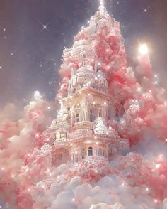 a very pretty pink and white tower in the sky with stars above it, surrounded by clouds