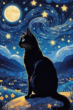 a black cat sitting on top of a rock under a night sky filled with stars