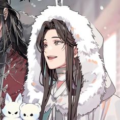 two anime characters with long black hair and white furs, one is holding a cat