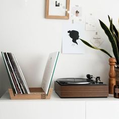 a record player and plant on a white shelf