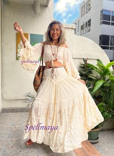 Handmade boho top and skirt. There is 3 different sets, A, B and C. The different between each set is the lace on the skirt. 100% natural cotton. Color Cream. Top with elastic neckline and waist. Waist is adjustable with the string. Smocked at the back. Can be worn both way to the front, off or cover shoulders. Width with ruffle sleeves. Measurements: TOP Chest: Stretch up to 42 inches max. Waist Stretch up to 42 inches adjustable with the string in the front. Sleeve 17 in and 15 in. ( high low Boho Two Piece Outfit, Boho Chic Outfits Summer, Boho Lace Top, Glam Boho, Boho Beautiful, Bohemian Mode, Ruffle Sleeve Top, Boho Skirt, Cream Top