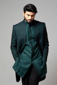 Shop for Smriti by Anju Agarwal Green Suiting Sherwani And Linen Kurta Set for Men Online at Aza Fashions Green Traditional Semi-formal Sets, Green Unstitched Suit With Dabka Work For Formal Occasions, Fitted Green Suits For Eid, Fitted Green Suits For Festive Occasions, Festive Green Fitted Suits, Formal Green Traditional Wear With Chikankari Embroidery, Designer Green Fitted Sherwani, Formal Green Sets With Chikankari Embroidery, Designer Green Sets For Eid