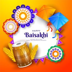 happy baisaki day greeting card with colorful kites and paper art on orange background