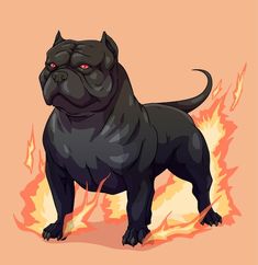 a black dog with red eyes standing in front of a blazing fire background and looking at the camera