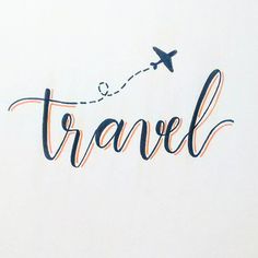 the word travel written in cursive writing with an airplane flying above it on a white background