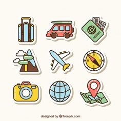 various travel stickers are shown on a white background, including an airplane, map, and other items