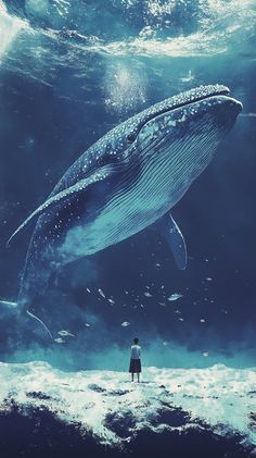 a man standing in front of a whale under water