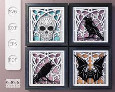 four paper cut art pieces with skulls and bats on them