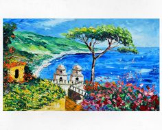 a painting of flowers and trees by the ocean