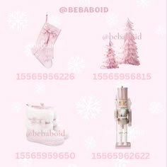 various items are displayed on a pink background with snowflakes and christmas tree decorations