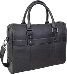 The Gotham 18" Pebble Grain Genuine Leather Briefcase combines modern style with functionality. It features a front zippered compartment and a large dual-compartment interior with a laptop and tablet sleeve (fits most laptops up to 16") and a pinstripe lined interior. With additional slip interior compartments, an add-a-bag feature, a duster bag, and a padded adjustable crossbody strap and top handle, this briefcase is designed for the contemporary professional. Black Textured Leather Briefcase For Work, Modern Textured Leather Laptop Bag For Business, Classic Textured Leather Laptop Bag For Business, Modern Leather Laptop Bag With Zipper Closure, Modern Laptop Bag With Smooth Grain For Travel, Modern Textured Leather Briefcase, Modern Black Textured Leather Briefcase, Tablet Sleeve, Leather Briefcase