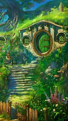 a painting of a hobbot house in the middle of a lush green forest