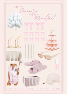 a pink and white poster with various items on the front, including shoes, hats, sunglasses