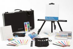 an artist's easel with art supplies such as paint, pencils and markers