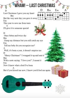 a christmas song with an image of a guitar, tree and presents on the page