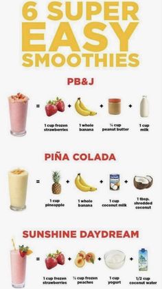 the 6 super easy smoothies poster is shown