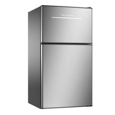 a silver refrigerator freezer sitting on top of a white wall