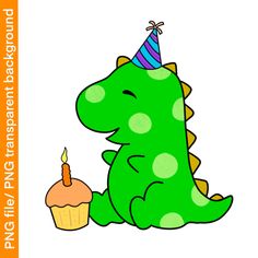 a green dinosaur holding a cupcake with a candle