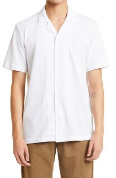 The renowned British label serves up long-lasting quality and comfort with this refined button-up crafted from lightweight and breathable cotton. 29" length (size Medium) Front button closure Notched collar Short sleeves 100% cotton Machine wash, dry flat Made in Portugal Men's Designer Clothing Classic Unstructured Short Sleeve Shirt With Button Closure, Classic Camp Shirt With Johnny Collar Relaxed Fit, Classic Cotton Camp Shirt With Camp Collar, Classic Johnny Collar Camp Shirt With Relaxed Fit, Classic Relaxed Fit Camp Shirt With Johnny Collar, Classic Collared Short Sleeve Unstructured Shirt, Classic Relaxed Fit Camp Shirt With Button Closure, Classic Collared Short Sleeve Shirt, Classic Relaxed Fit Camp Shirt