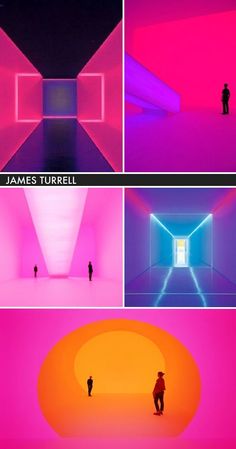 four different images of people standing in a room with pink and blue lighting, one man is