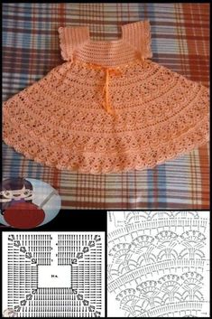 a crocheted baby dress is shown next to the pattern