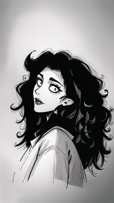 a black and white drawing of a woman with curly hair