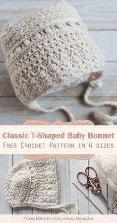 the crochet baby bonnet is shown with scissors and yarn