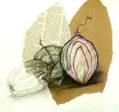 an onion is cut in half and placed on top of a book page with a piece of paper next to it