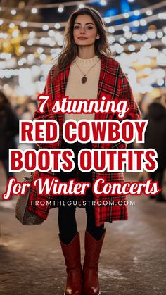 a woman wears red cowboy boots for winter concert