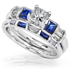 a diamond and blue sapphire bridal ring set