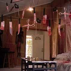 the room is decorated with red and white streamers