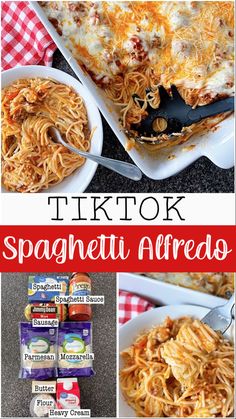 there is a collage of different types of food in this photo and the words tiktok spaghetti alfredo on it