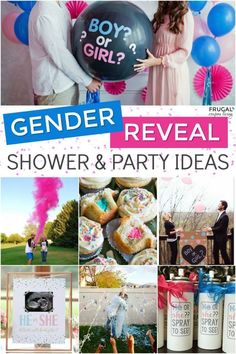 gender reveal shower and party ideas are featured in this postcard for the gender reveal