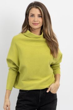 Green Knit High Neck Top, Green High Neck Knit Top, Green High-neck Knit Top, Spring Funnel Neck Sweater For Layering, Versatile Turtleneck Sweater For Spring, Slouchy Long Sleeve Knit Top, Chic Stretch Sweater With Batwing Sleeves, Green Knit Top For Fall, Fine Knit Stretch Cropped Sweater For Fall